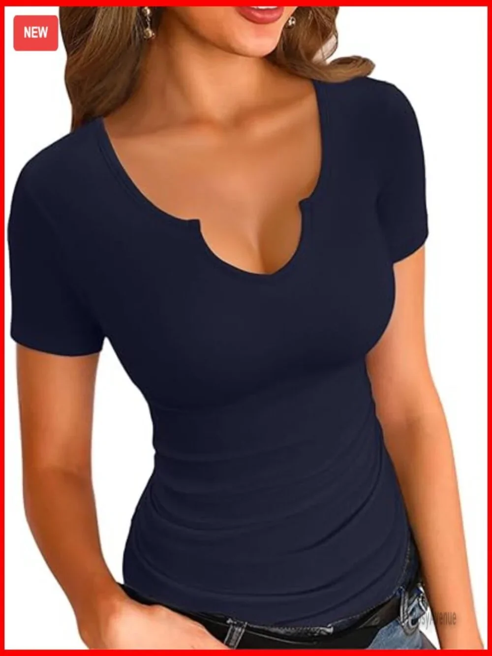 Slim Fitted V-Neck Ribbed T-Shirt Short Sleeve Casual Blouse